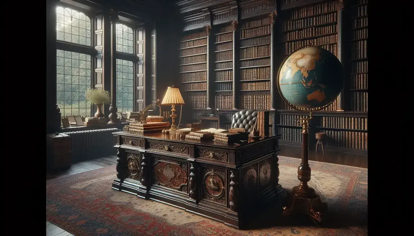 Biblioteca antica con scrivania in legno scuro, globo terrestre e orologio a pendolo in ottone, scaffali pieni di libri rilegati e poltrona in pelle.