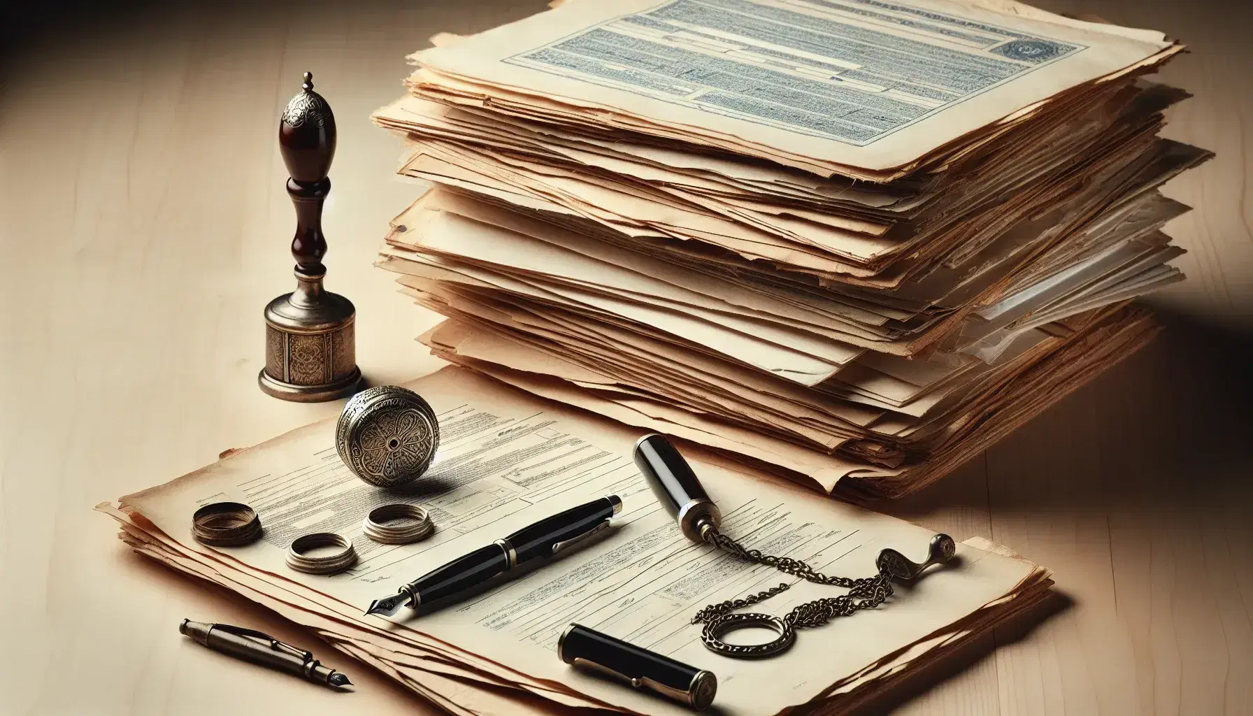Documentos apilados desordenadamente sobre una mesa de madera clara con un bolígrafo de plata y un sello de lacre inclinado, junto a un reloj de bolsillo antiguo con cadena.