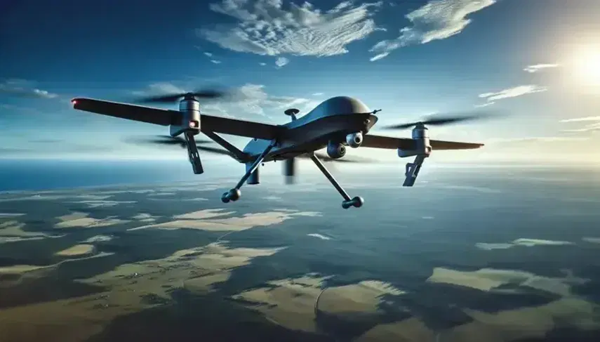 Drone negro y gris volando sobre paisaje natural con cielo azul y nubes dispersas, reflejando la luz del sol en sus partes metálicas.