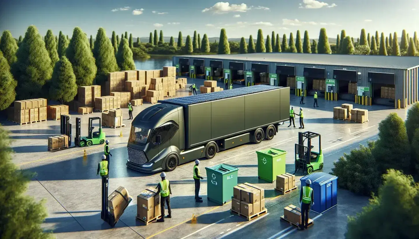 Camión de carga híbrido o eléctrico verde oscuro con paneles solares, estacionado en zona de descarga con trabajadores manejando paquetes reciclables y contenedores de reciclaje.