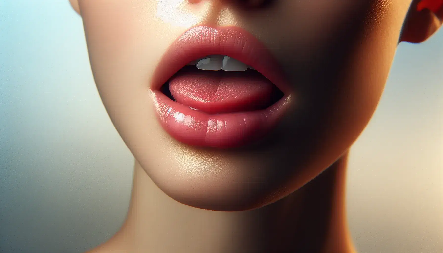 Close-up view of a person's slightly open mouth, showcasing healthy pink lips, a relaxed tongue, and white teeth against a soft blue background.