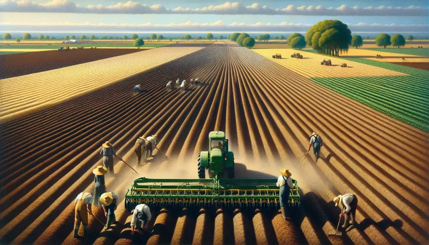 Tractor verde arando tierra marrón con trabajadores agrícolas sembrando bajo cielo azul claro, reflejando la agricultura activa y productiva.