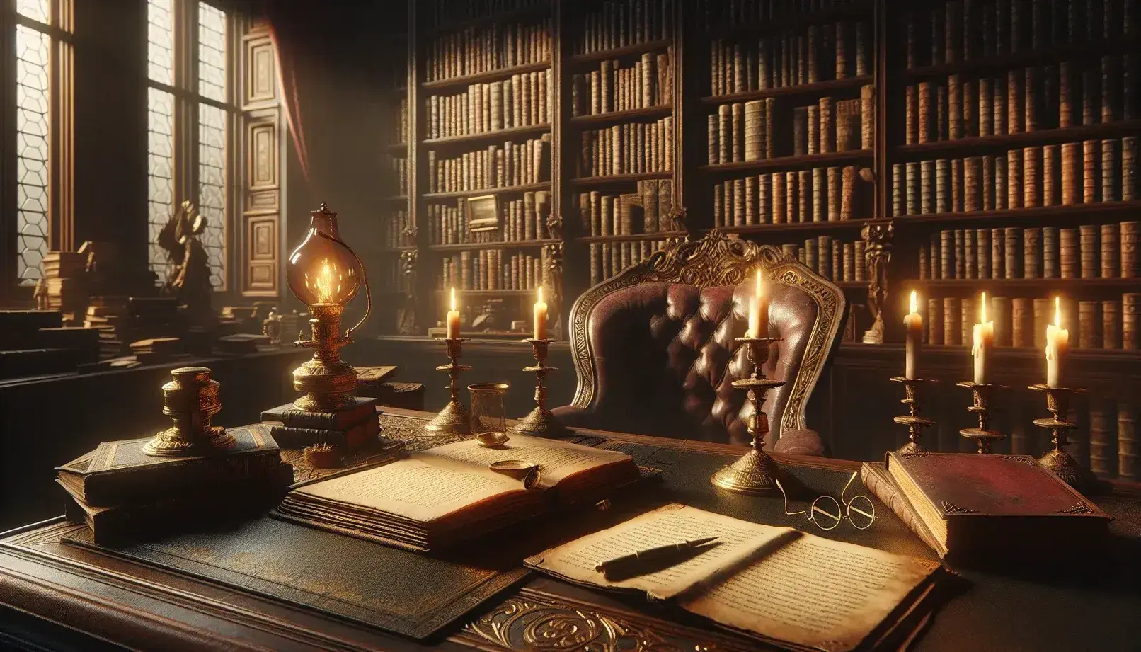 Victorian study with ornate desk, open book, brass lamp, high-backed chair, and bookshelf, all under the warm glow of candlelight.