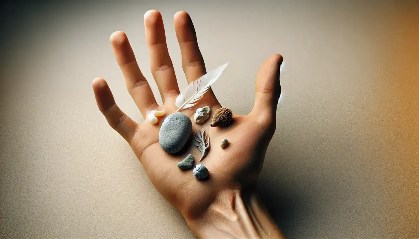 Mano humana abierta con objetos variados como pluma blanca, piedra lisa, tela texturizada y juguete de goma en forma de erizo, sobre fondo neutro.