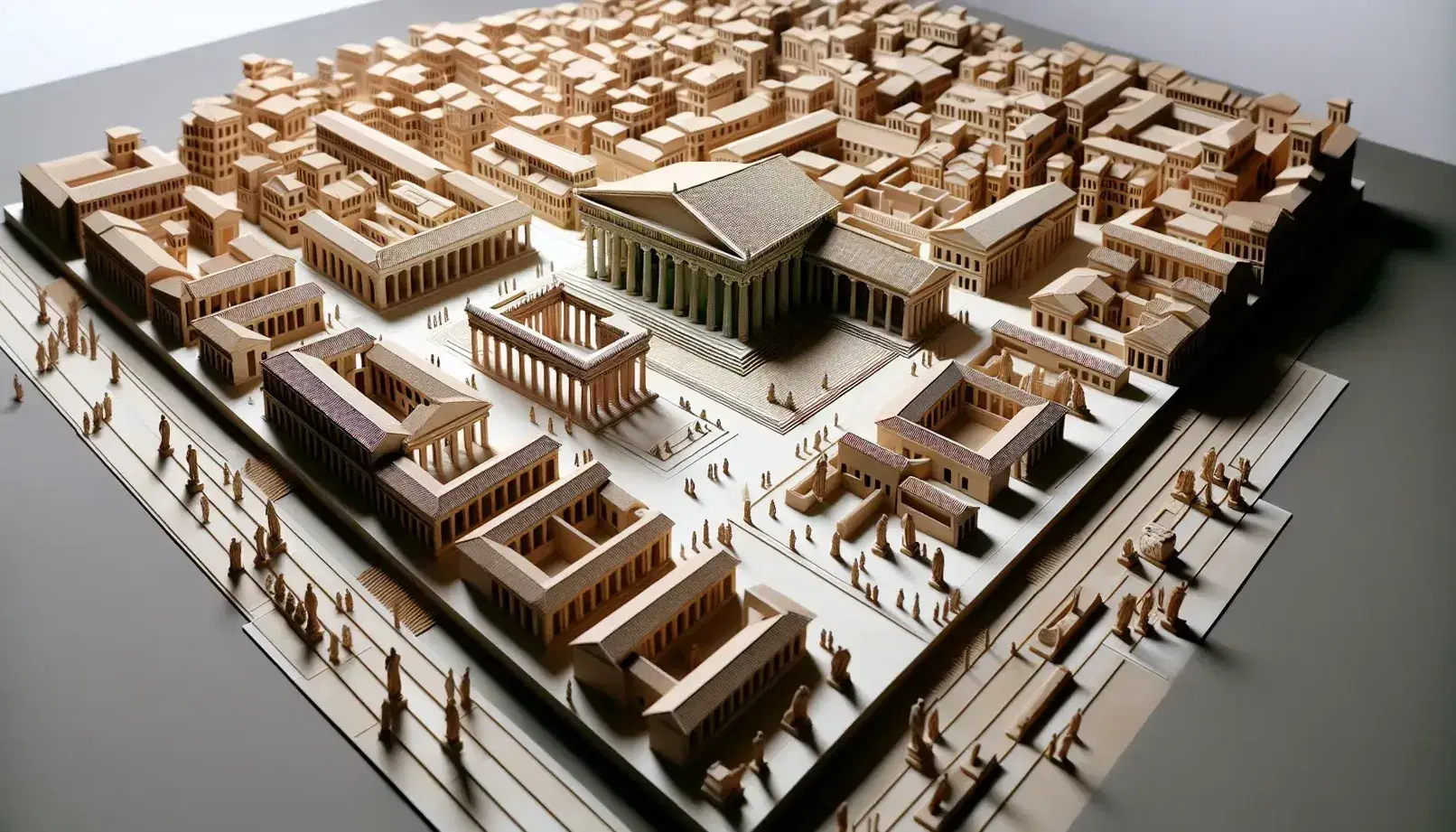 Maqueta tridimensional de ciudad antigua con arquitectura griega clásica, templo con columnas dóricas, casas, calles en cuadrícula y figuras de bronce.