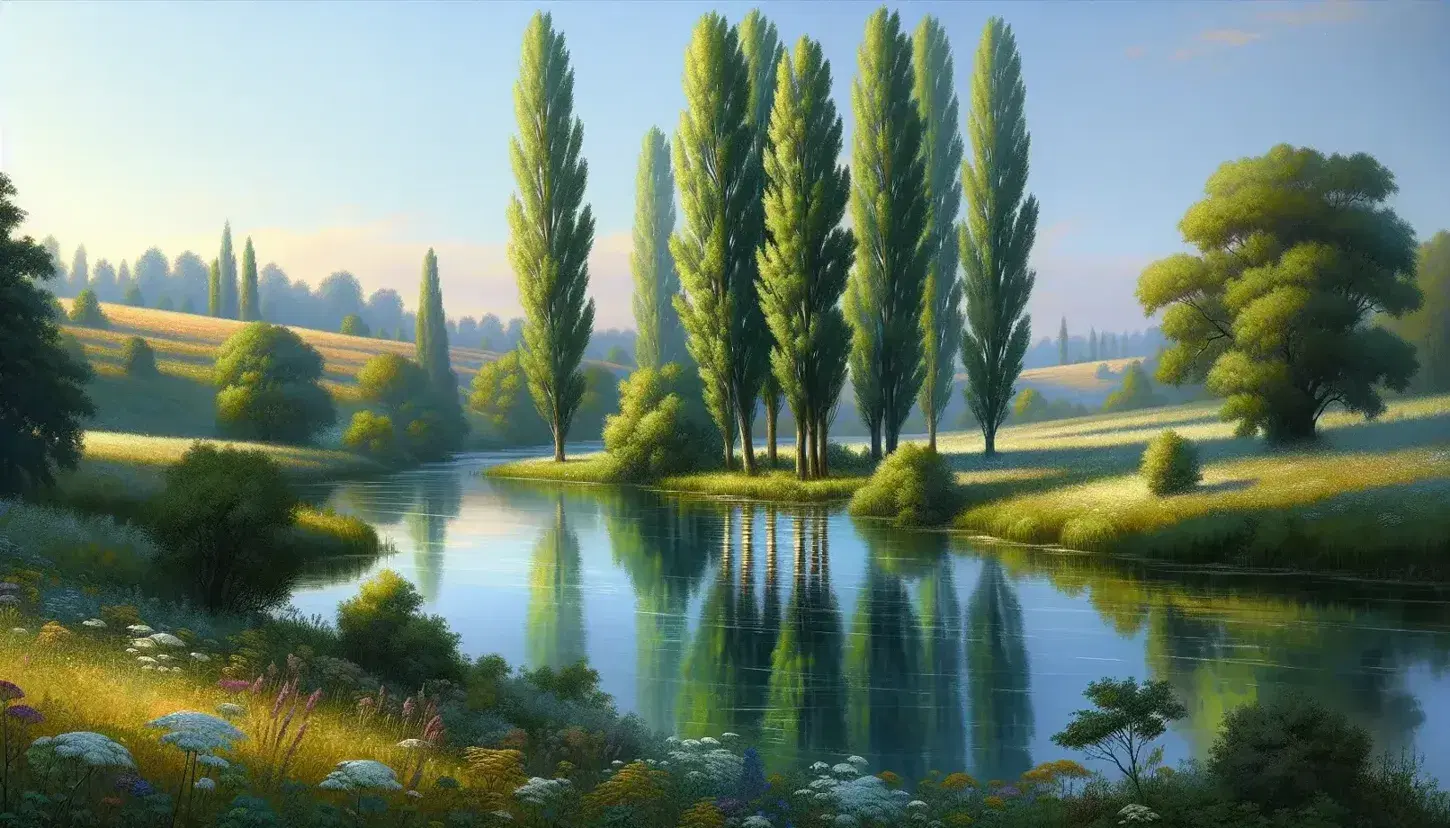 Serene riverside landscape with tall poplar trees reflected in calm water, a meadow with wildflowers, rolling hills, and a pastel blue sky.