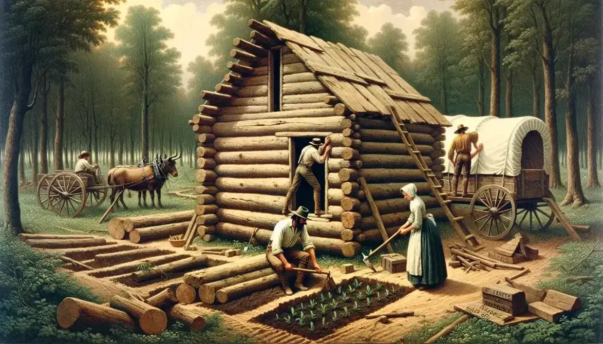 19th-century American pioneers build a log cabin and tend a garden in a forest clearing, with a covered wagon and grazing oxen nearby.
