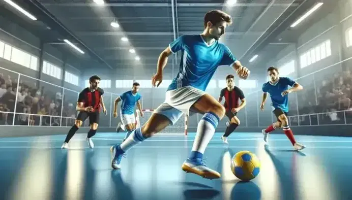 Giocatore di futsal in maglia blu effettua dribbling in palestra con pallone giallo e blu, circondato da avversari e compagni di squadra.