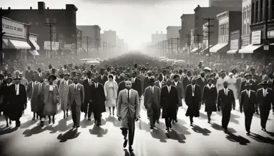 Civil rights march in black and white historical photo, with man in the foreground and varied crowd on city street, without signs.