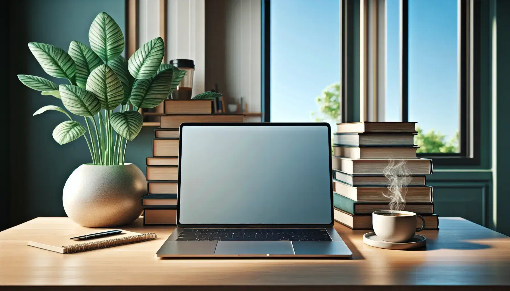 Tidy desk with modern laptop, green plant, cup of steaming coffee and stacked books, in a bright room with window and blue sky.