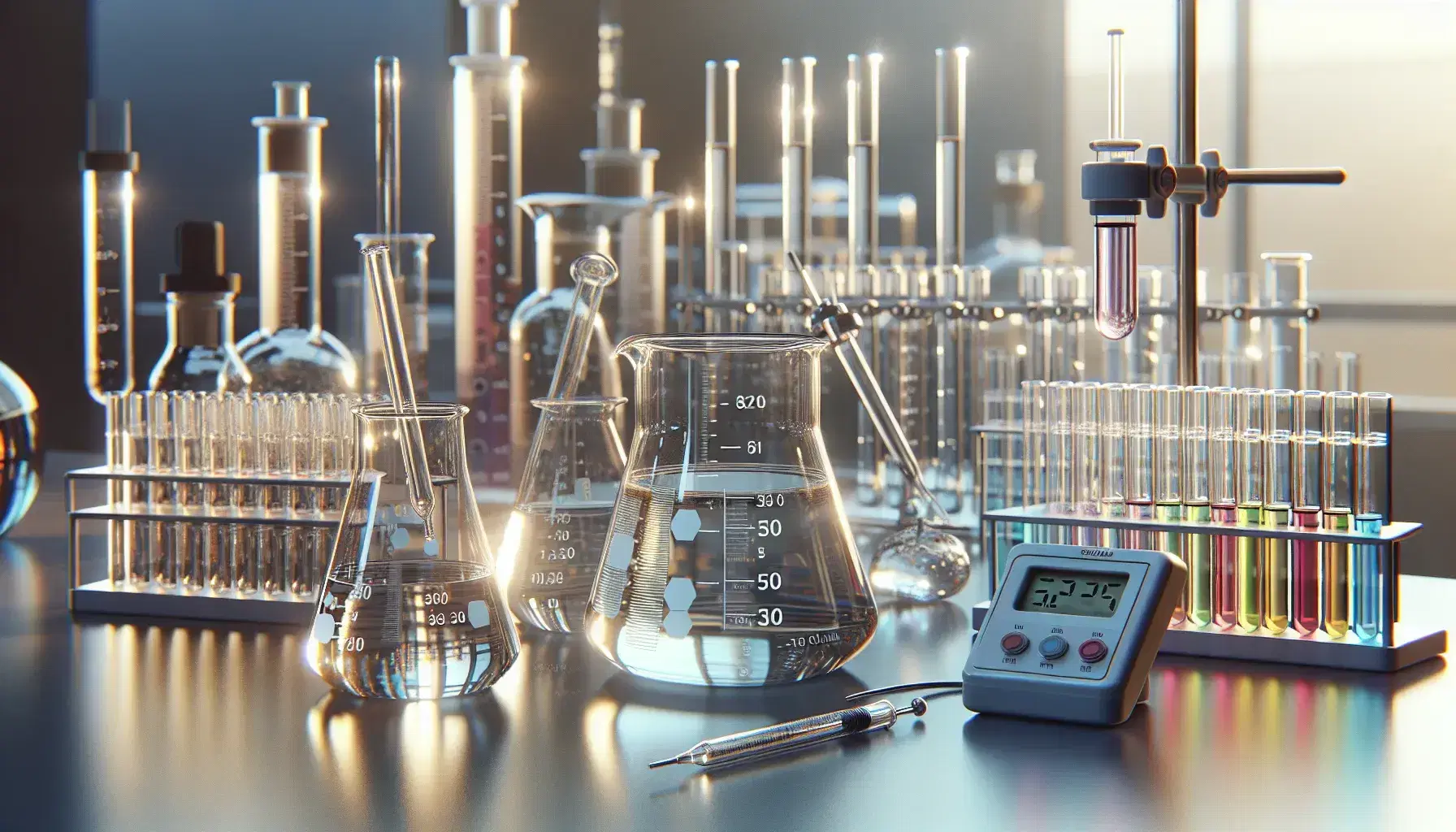 Laboratorio chimico con becher e misuratore di pH, provette colorate in supporto e buretta per titolazione su banco pulito.