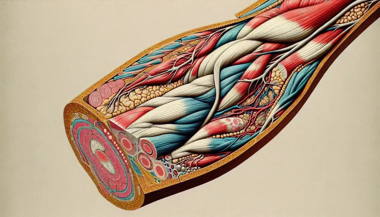 Sezione trasversale dell'arto umano mostrando muscoli, tessuto adiposo, vene, arterie e parte dell'osso omero.