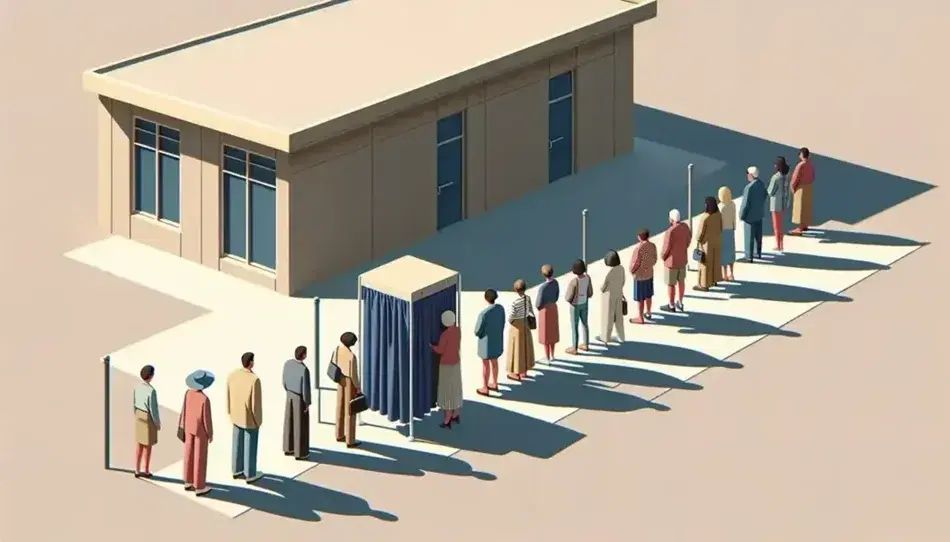 Diverse group of voters lined up outside a simple polling station with a private voting booth on a sunny day, reflecting democratic participation.