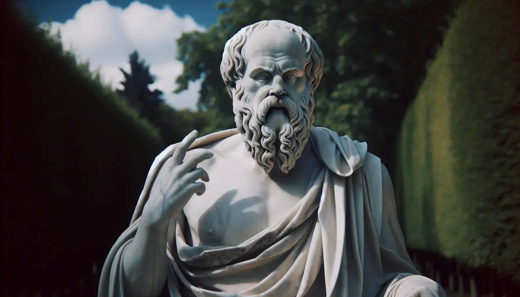 Statua in marmo di Socrate con barba fluente e gesto riflessivo, eretta su sfondo di alberi e cielo azzurro.