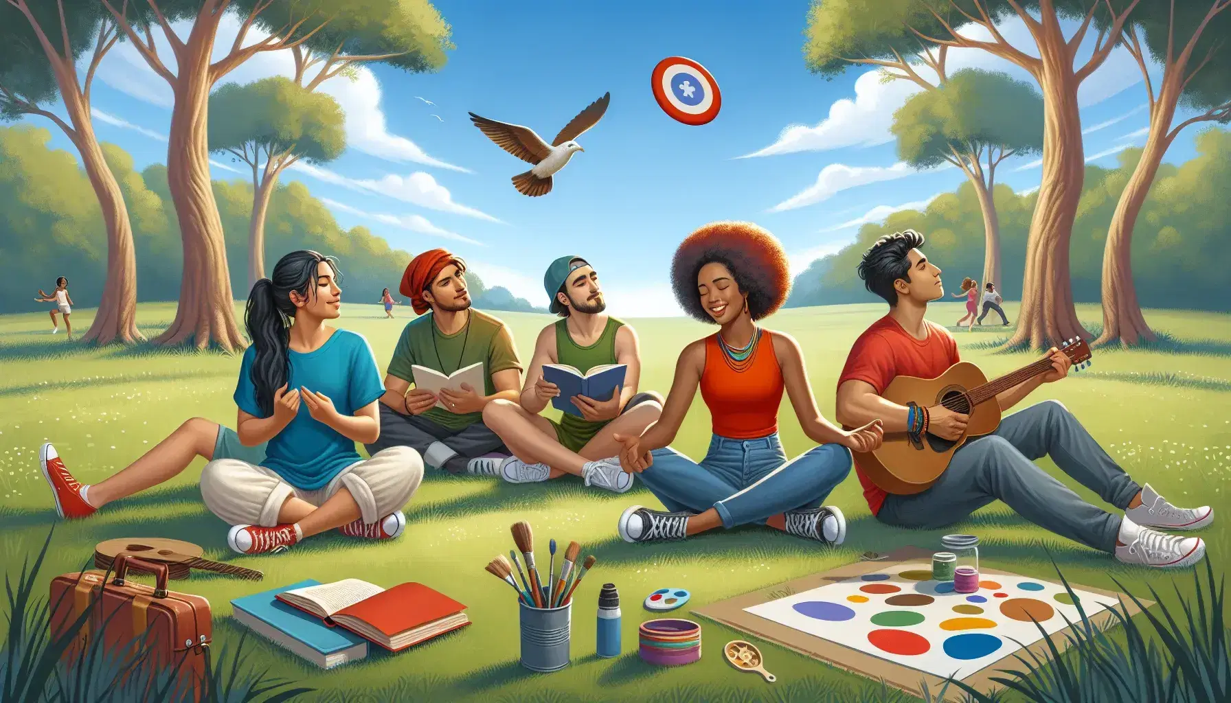 Multi-ethnic group of five people doing outdoor activities: yoga, reading, frisbee, guitar and painting, in a grassy field under a blue sky.