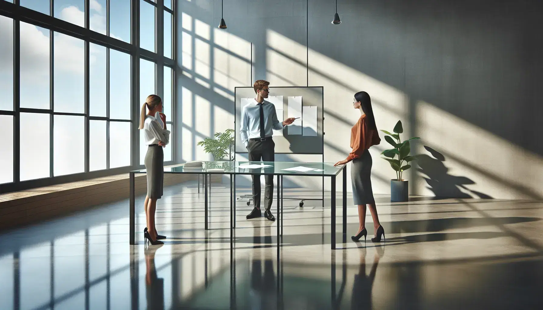 Tres profesionales colaboran en una oficina moderna con mesa de vidrio y papeles, junto a una ventana con cielo azul y planta verde.