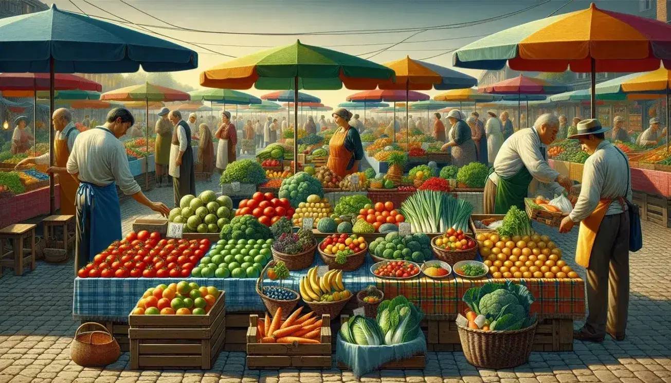Mercado al aire libre con mesas de frutas y verduras frescas, vendedores atendiendo a clientes variados y sombrillas coloridas bajo un cielo despejado.