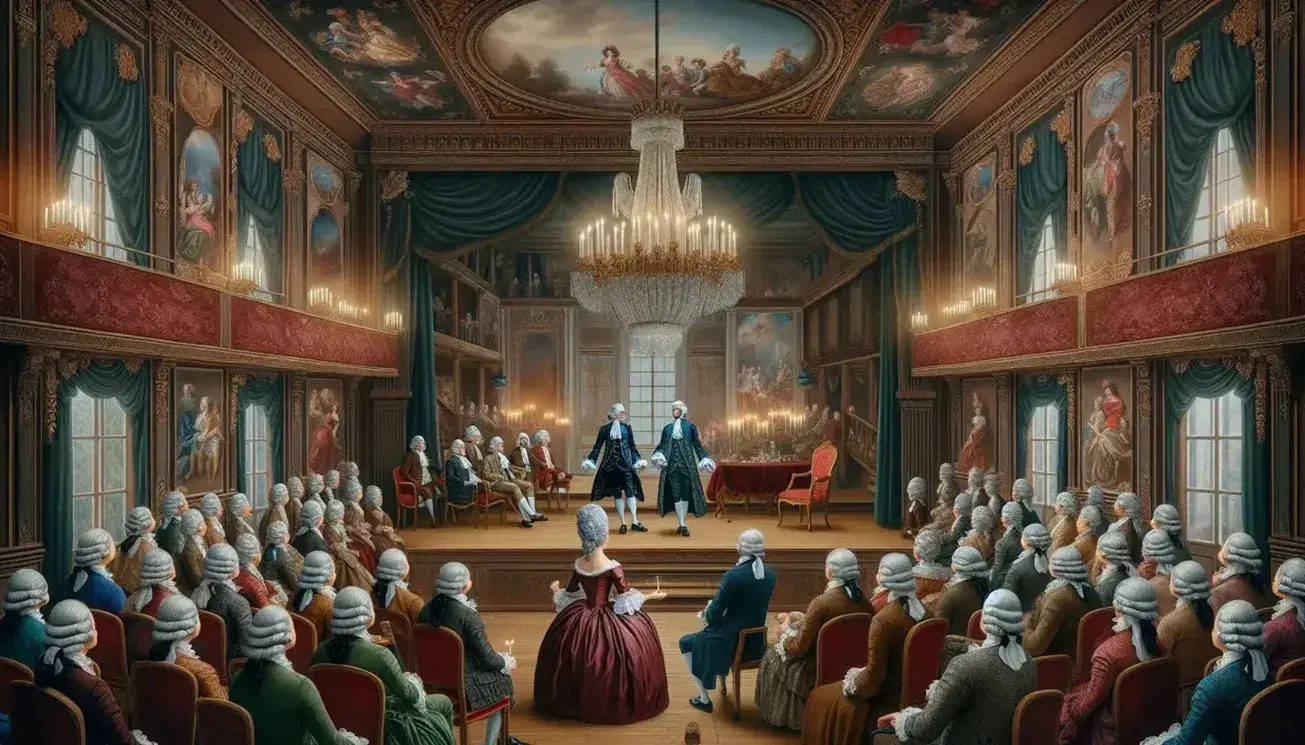 Scena teatrale barocca del XVIII secolo con attori in costume d'epoca su palcoscenico illuminato da candelabro, circondati da pubblico elegante.