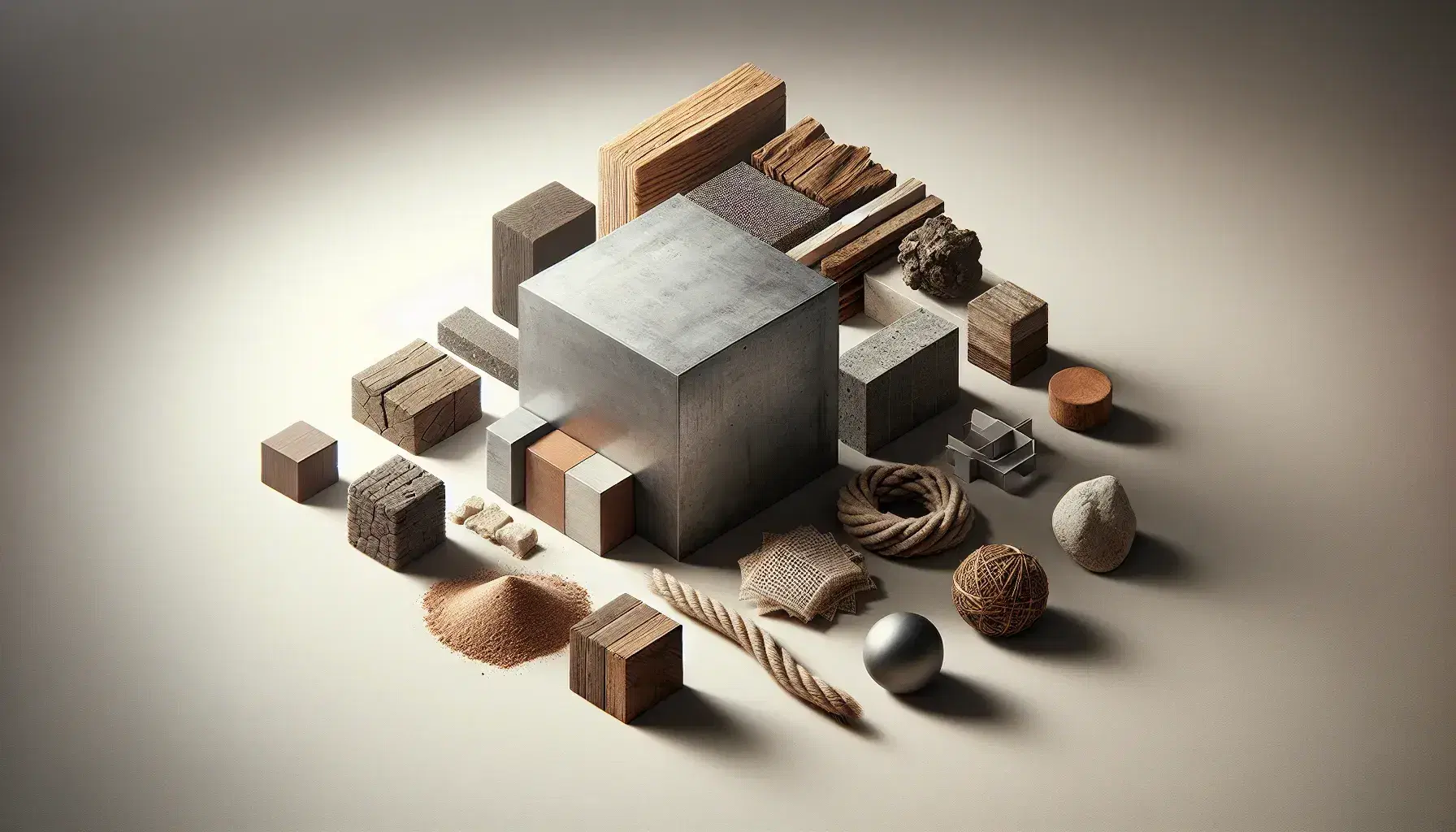 Composizione fotografica con struttura geometrica centrale in materiale industriale, circondata da legno, pietra, tessuto grezzo e corda su sfondo neutro.