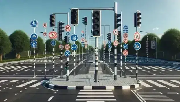 Incroci stradali tranquilli con semaforo spento, segnali stradali senza marcature leggibili e attraversamento pedonale, in una giornata soleggiata.