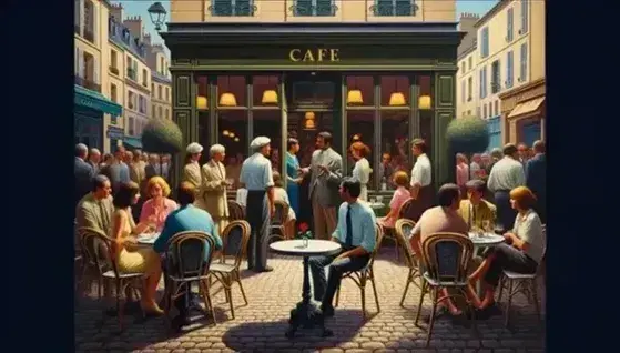 Diverse group socializing at a French café with a wrought-iron table featuring a red rose, under the shade of green-shuttered windows and leafy plants.