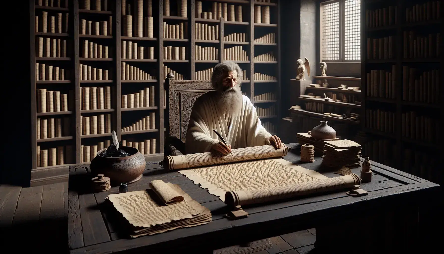 Antico scriba con barba bianca scrive su papiro in biblioteca storica, circondato da libri, con lampada ad olio e statuetta di bronzo.
