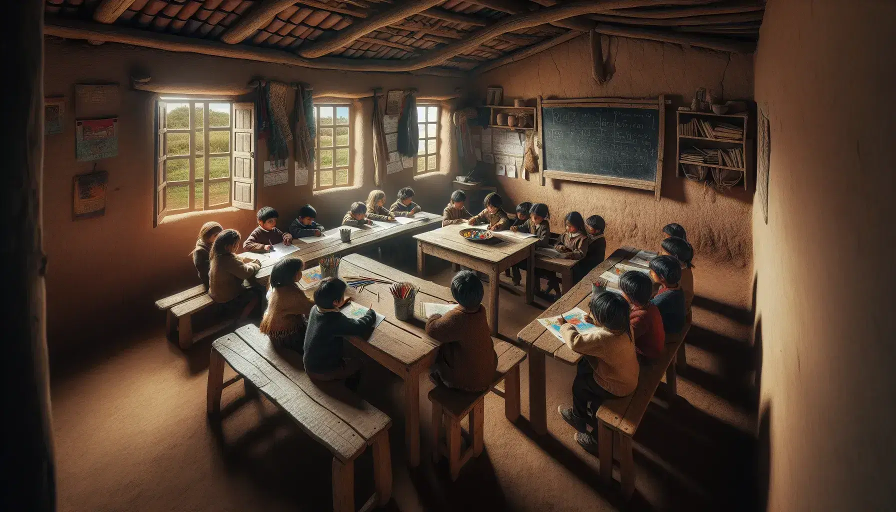 Niños concentrados en actividad grupal en aula rural con paredes de adobe y techo de tejas, mesa de madera, pizarrón vacío y estantería con libros.