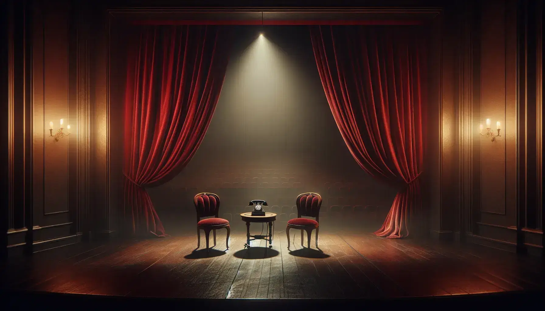 Dimly lit theater stage with red velvet curtains, two antique chairs facing each other, and a vintage telephone on a small table, under warm stage lights.