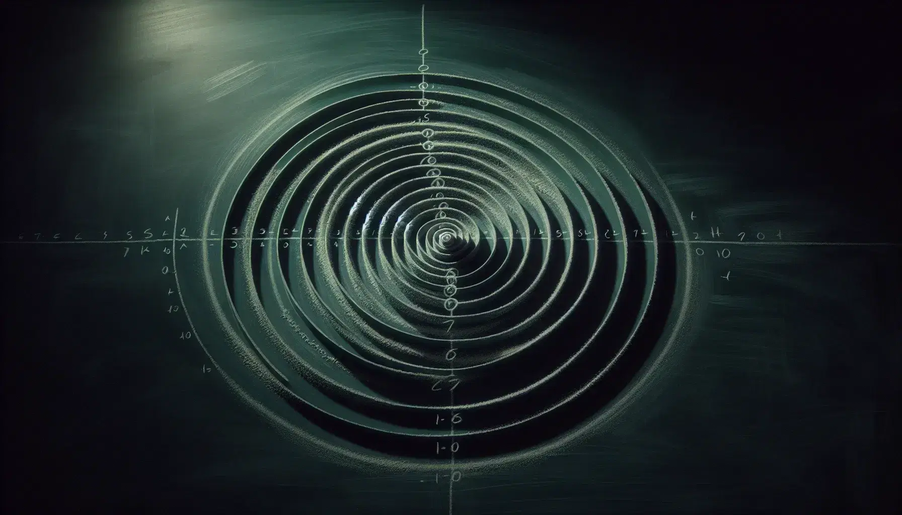Chalk-drawn concentric circles diminishing in size on a green chalkboard, with a soft glow on the upper left and visible chalk dust.