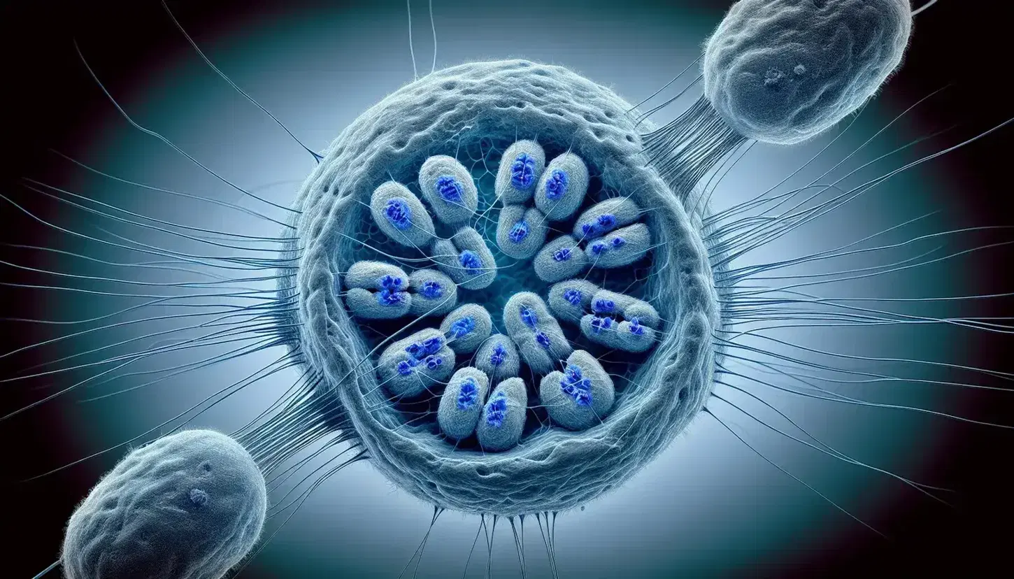 Cell in metaphase of mitosis with chromosomes aligned at equatorial plate, spindle fibers attached to centromeres, and centrosomes at poles.