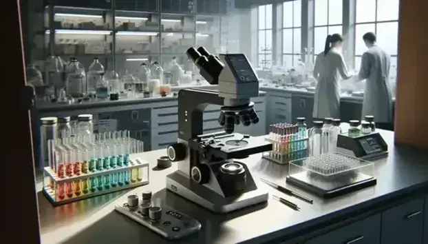 Laboratorio scientifico moderno con microscopio elettronico, provette colorate e ricercatore al lavoro in analisi attenta.