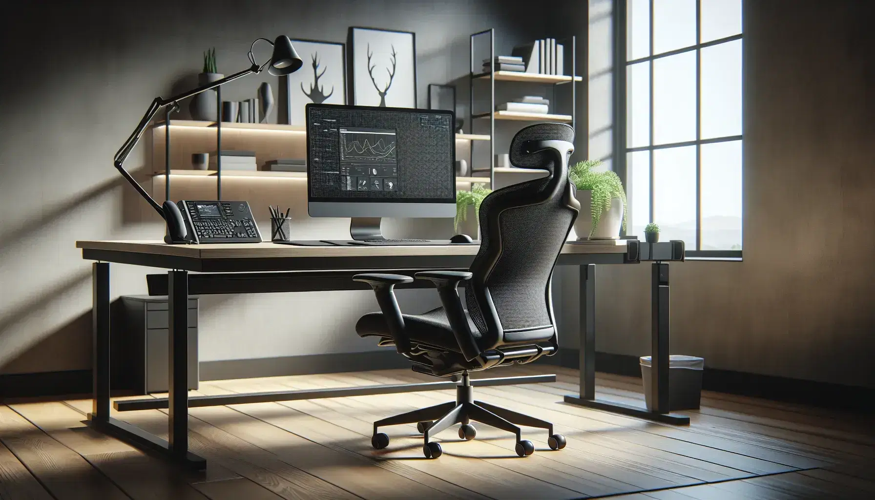Oficina moderna y ergonómica con silla de malla ajustable, escritorio elevable, monitor en soporte, teclado y ratón ergonómicos, planta interior y amplia ventana.