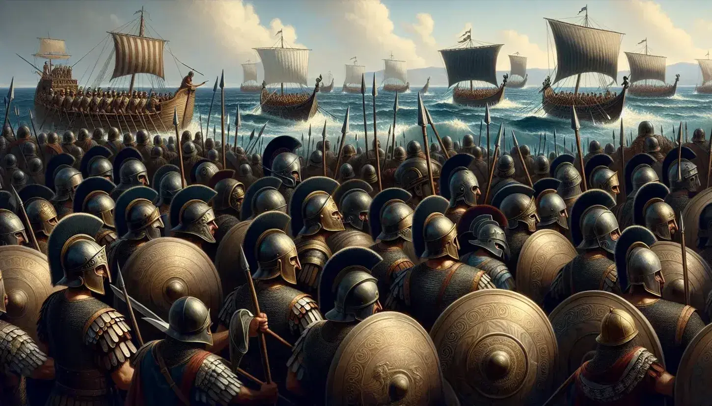 Scena di battaglia antica con guerrieri in armatura e elmi corinzi, scudi rotondi e navi a vela sul mare blu.