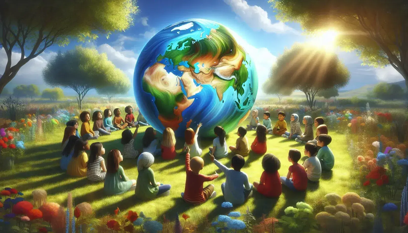 Bambini di diverse etnie seduti in cerchio su un prato verde toccano un grande mappamondo, simbolo di unità globale e istruzione.