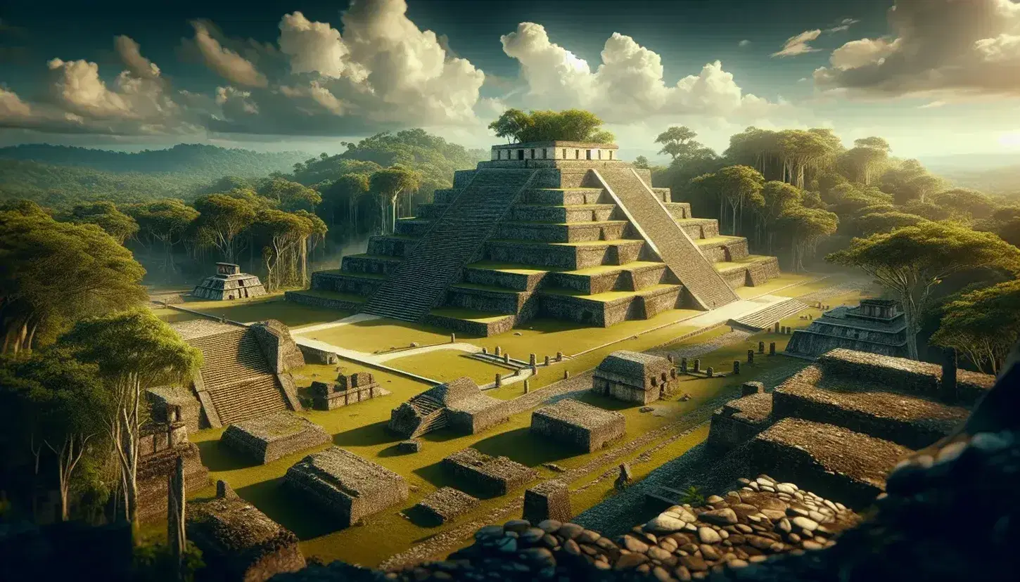 Vista panorámica de una pirámide escalonada precolombina con templo en la cima y ruinas circundantes en la selva tropical, bajo un cielo azul.