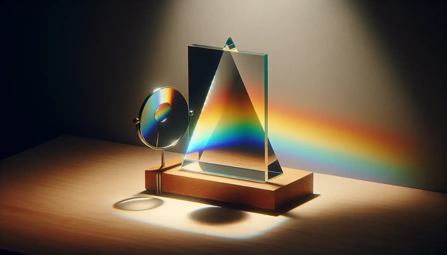 Elegant scientific setup with a glass prism dispersing light into a color spectrum, flanked by a concave mirror and a flat mirror on a wooden table.