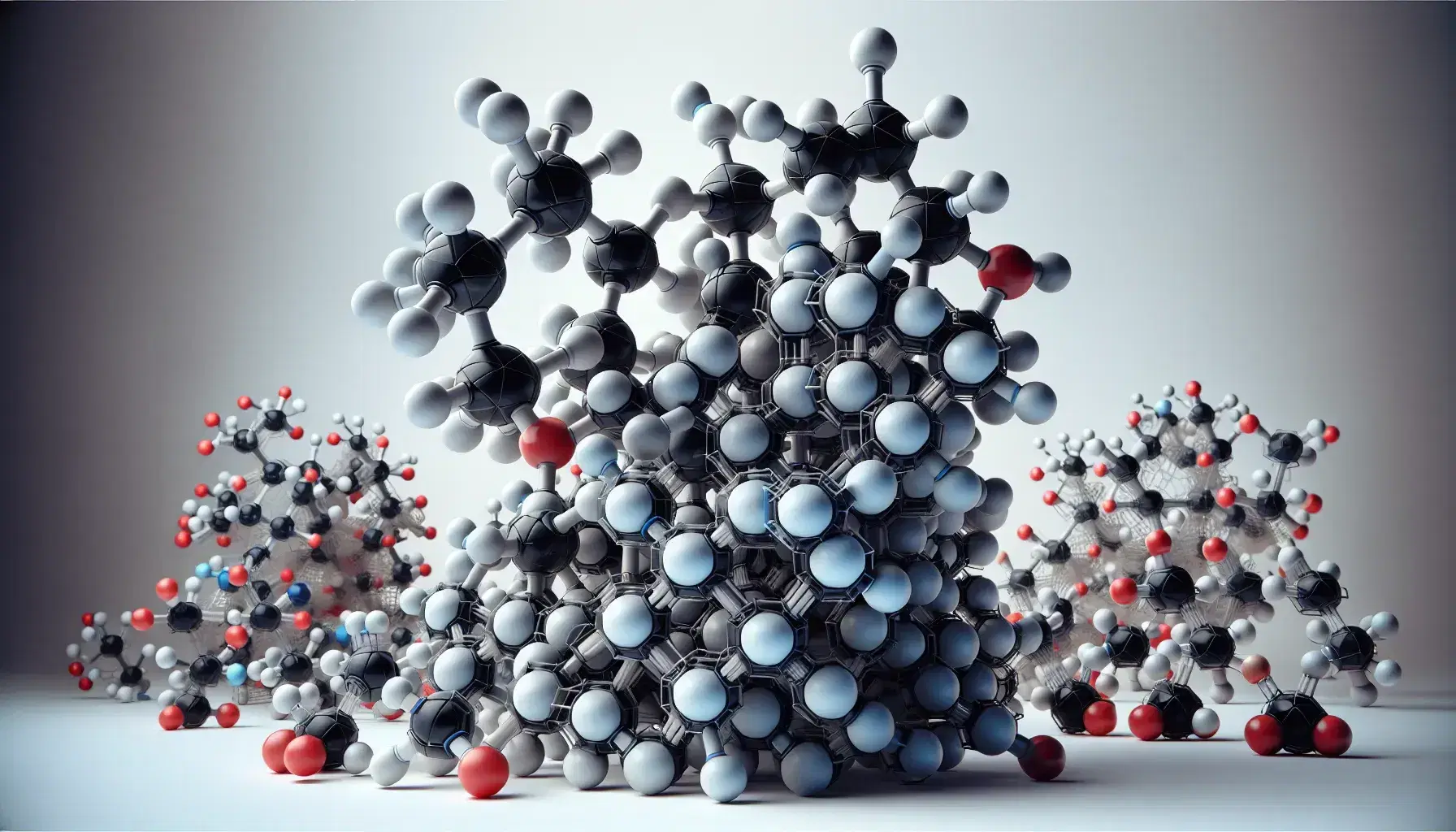 Diverse 3D molecular models with atoms represented by colored spheres and bonds by grey rods, showcasing organic structures from complex to simple.