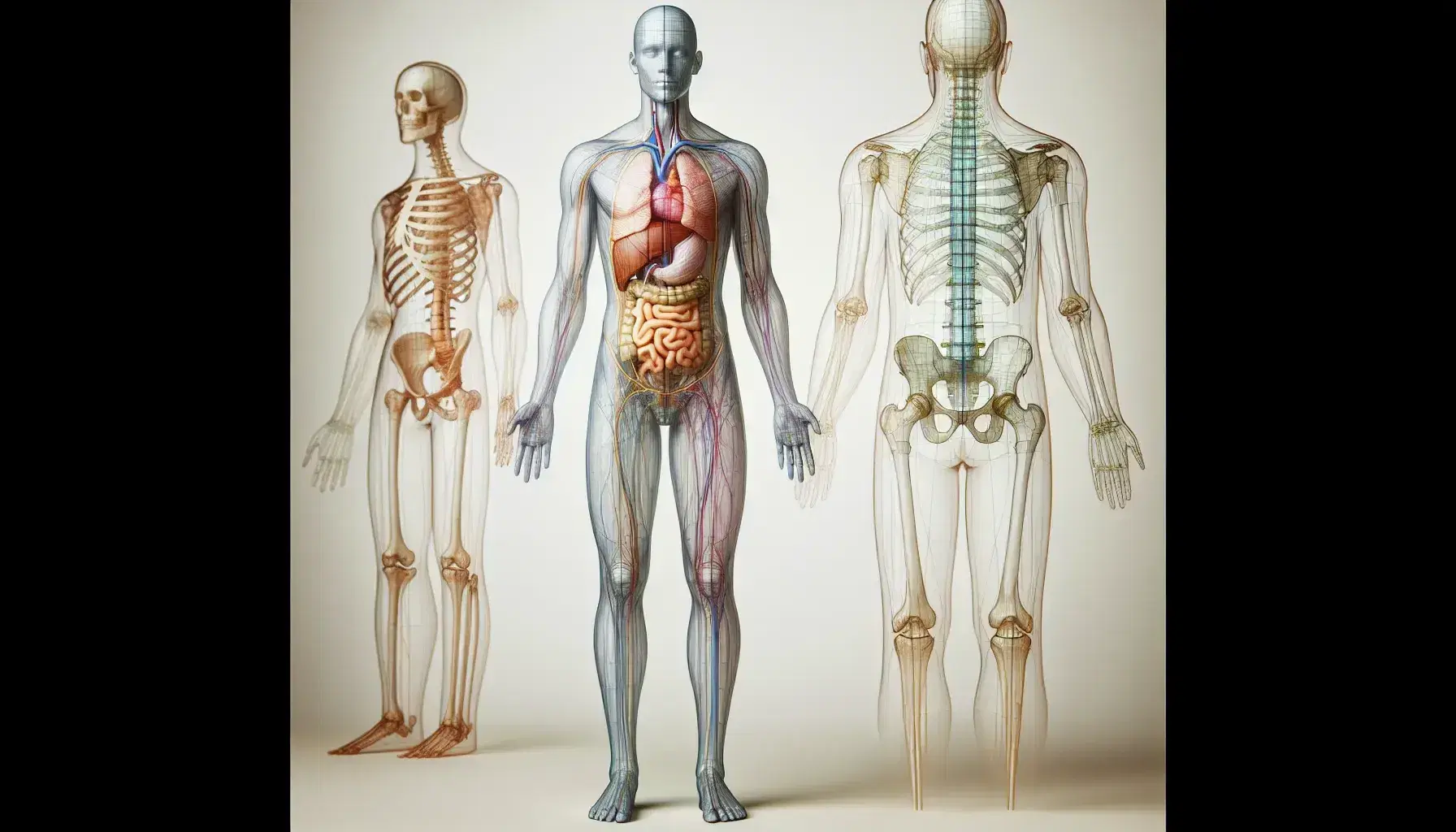 Figura humana transparente mostrando esqueleto y órganos principales con planos sagital, transversal y coronal superpuestos, sin texto ni símbolos.