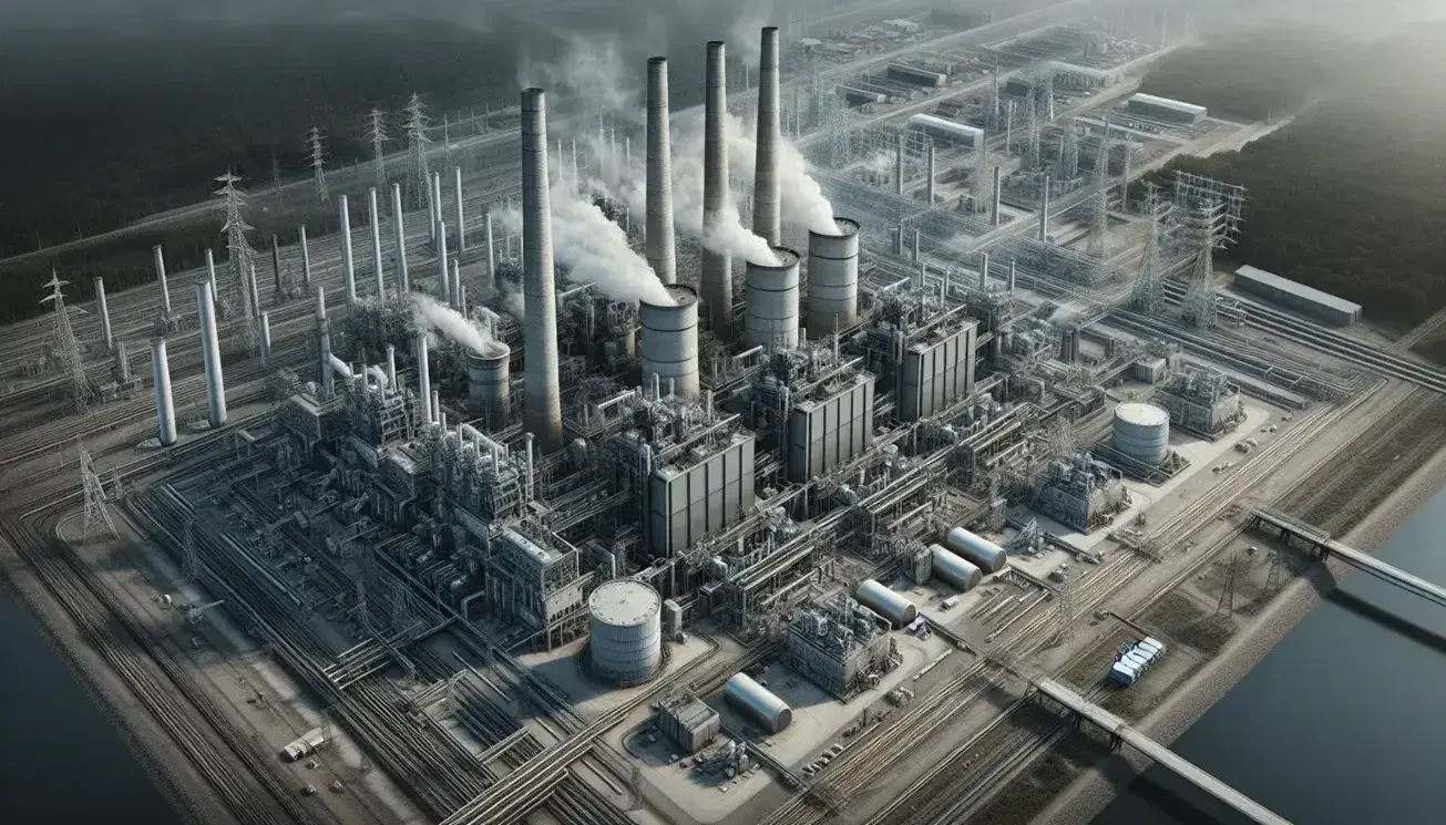 Vista aerea di una centrale termoelettrica con camini che emettono vapore, circondata da vegetazione e linee elettriche.