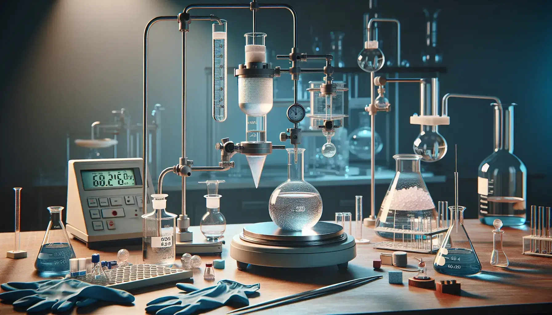 Laboratorio de química orgánica con montaje de destilación, balanza analítica digital, beaker con solución azul y frasco con cristales blancos.