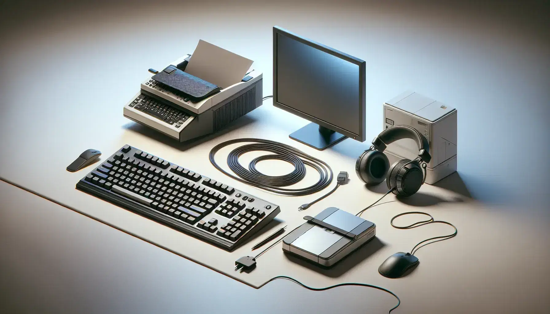 Teclado de tamaño completo, ratón óptico con rueda de desplazamiento, impresora blanca compacta y auriculares negros sobre superficie clara con monitor encendido al fondo.