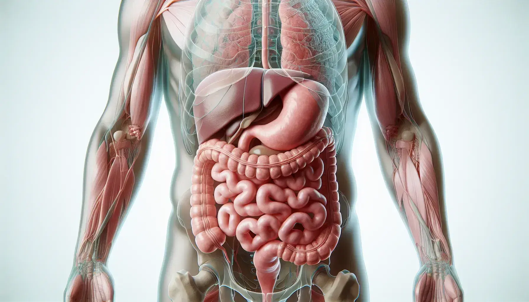 Schema anatomico dettagliato del sistema digestivo umano con stomaco, intestini, fegato, cistifellea e pancreas visibili.