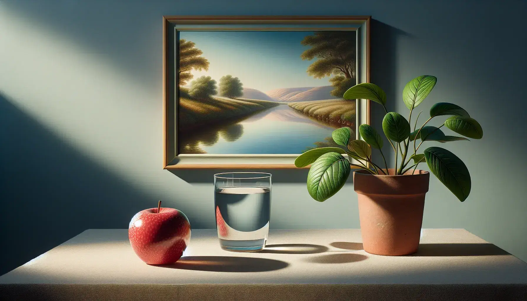 Still life with textured red apple, glass of water, green plant in terracotta pot and landscape painting on light blue wall.