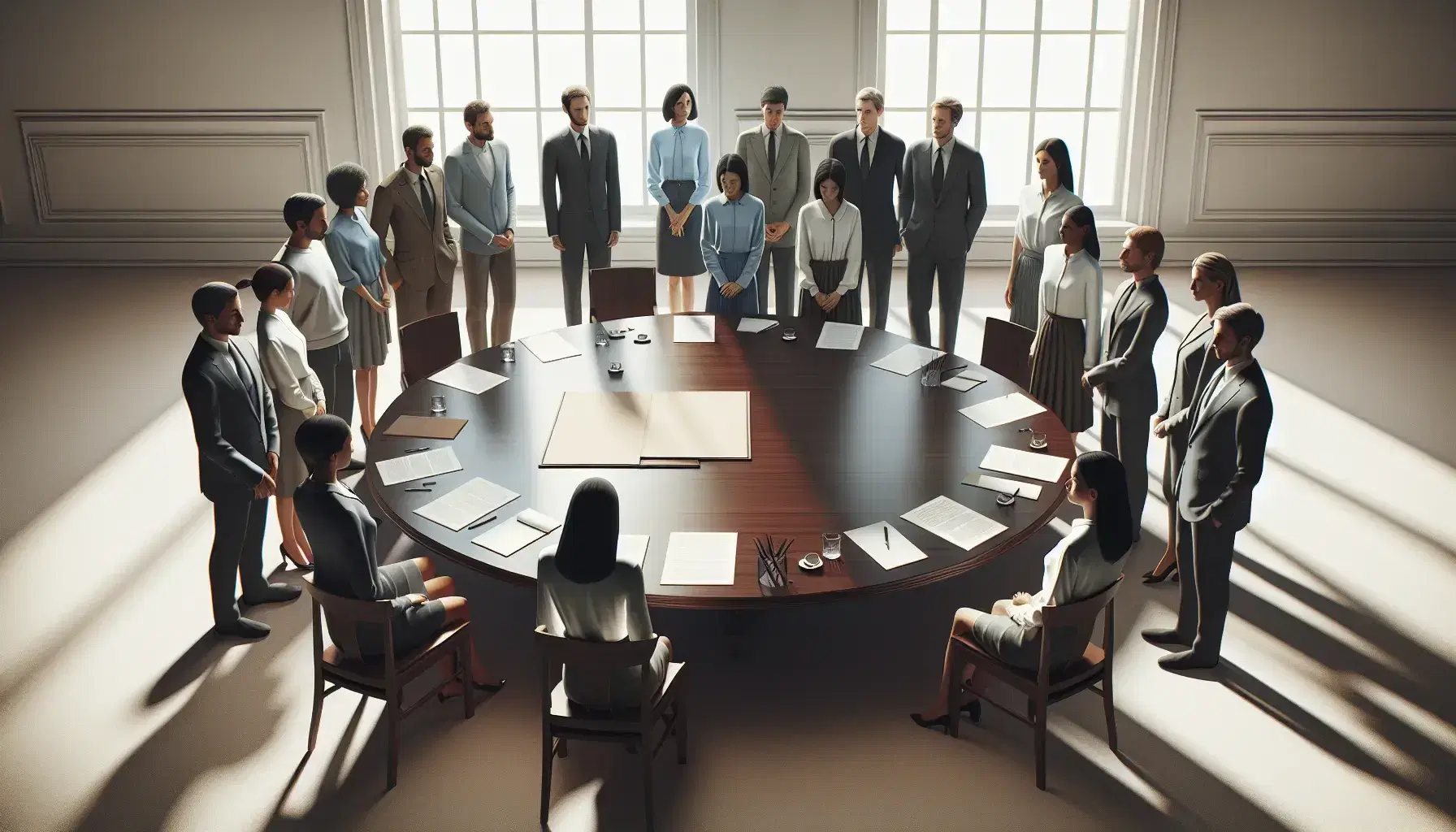 Grupo diverso de personas en reunión formal alrededor de una mesa redonda con documentos y bolígrafos, en una sala iluminada naturalmente.