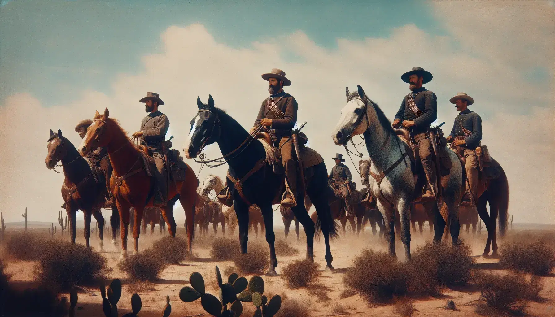 Grupo de jinetes con atuendos del siglo XX y sombreros anchos a caballo en paisaje árido, portando rifles y bandoleras, bajo cielo azul con nubes dispersas.