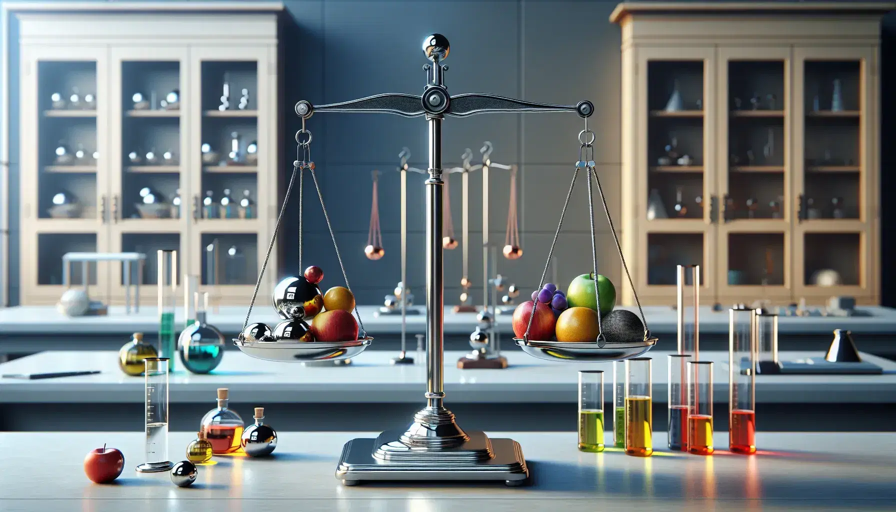 Bilancia a due piatti in metallo lucido con frutta a sinistra e oggetti metallici a destra, mano con pallone da basket in primo piano, laboratorio scientifico sullo sfondo.