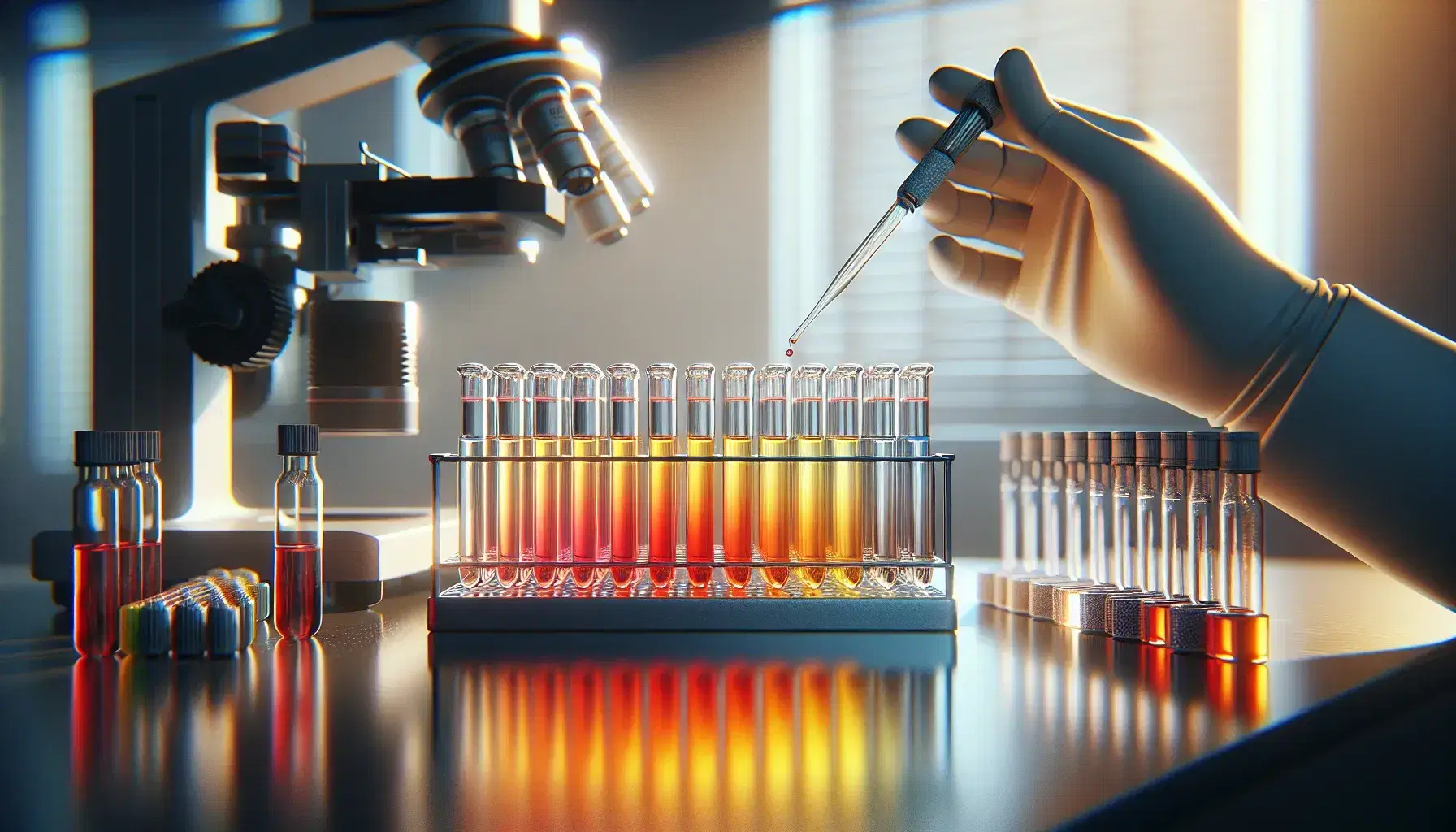 Provette in vetro con liquidi colorati da rosso a giallo su supporto metallico, mano con guanto in lattice e pipetta, sfondo con microscopio sfocato.