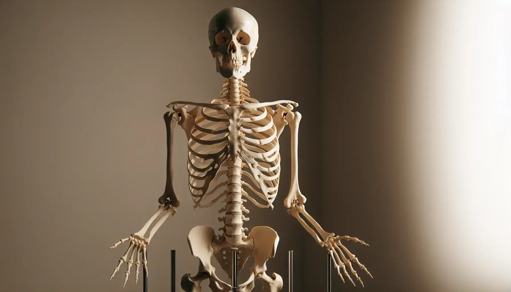 Esqueleto humano completo montado verticalmente en soporte metálico, con brazos separados y palmas hacia adelante, destacando la estructura ósea y detalles anatómicos.