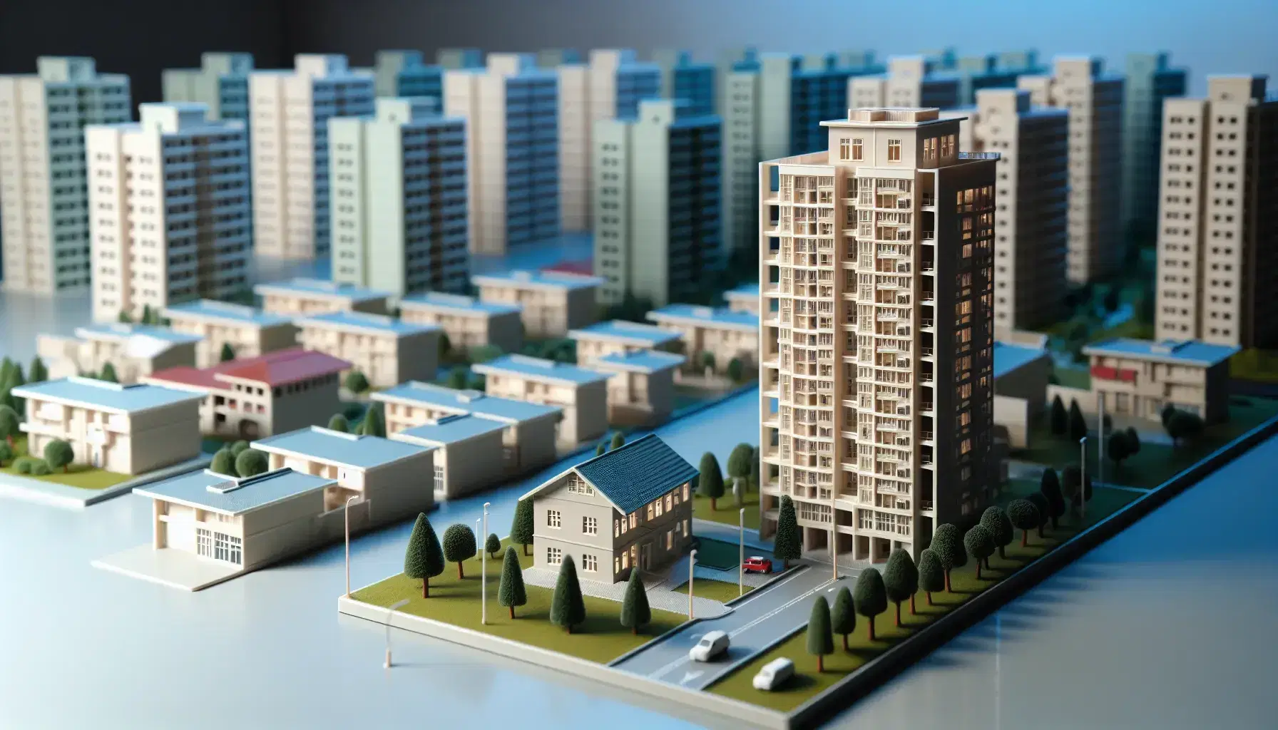 Maqueta de barrio residencial con edificios en miniatura, árboles de plástico y base verde, sobre superficie azul claro sin personas ni vehículos.