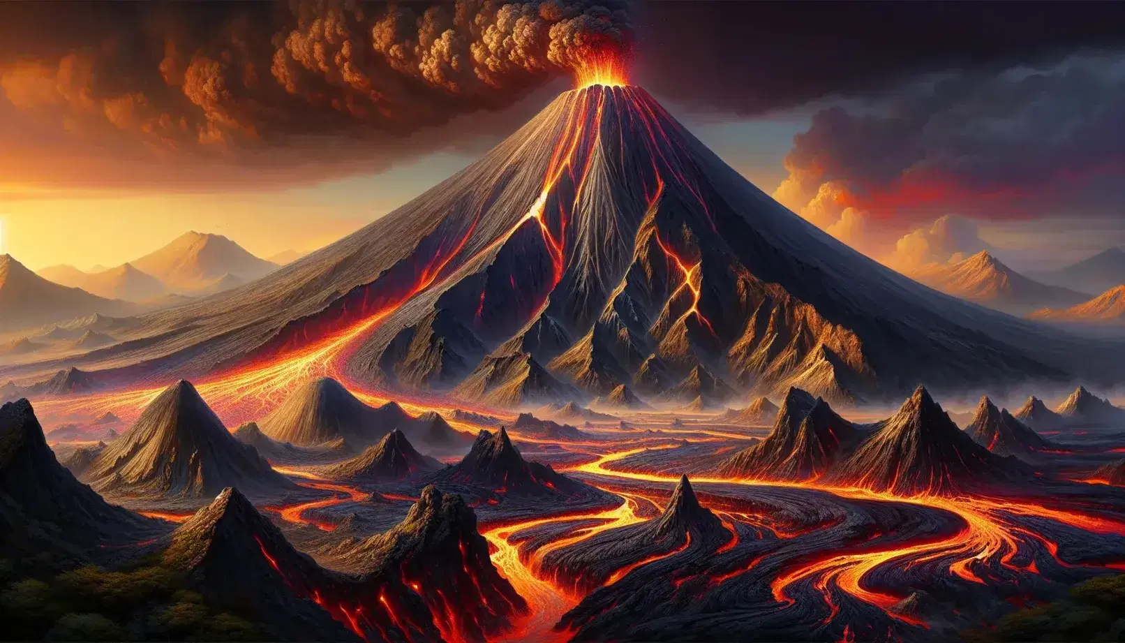 Eruzione vulcanica con colonna di fumo e lava incandescente che scorre lungo pendii scuri, sotto un cielo arancione e rosso.